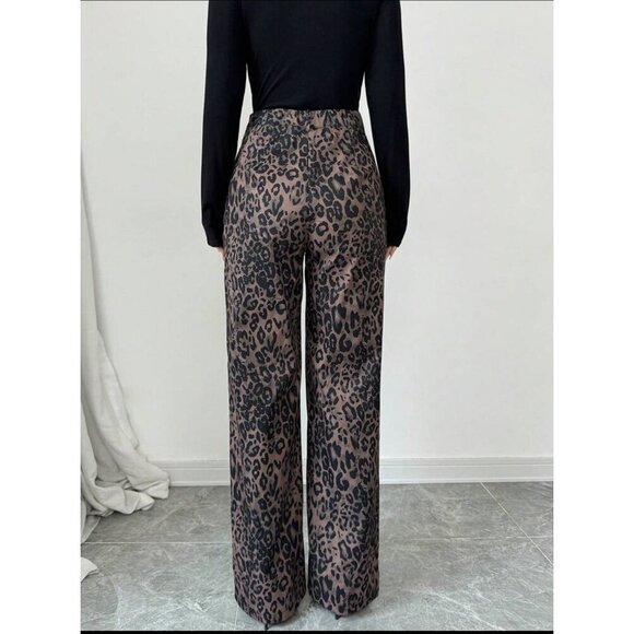 high rise leopard print wide leg pants denim jeans black brown dark - Picture 2 of 7